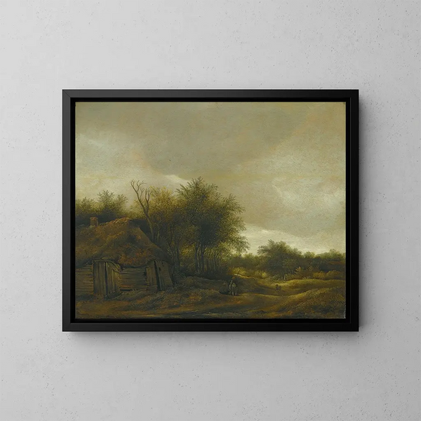 a dune landscape with figures on a sandy path near a cottage - Guillam Dubois — framed artwork on a wall