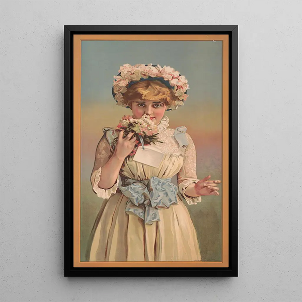 Jonge vrouw die een corsage ruikt - Gumpert Bros — ingelijst kunstwerk aan de muur