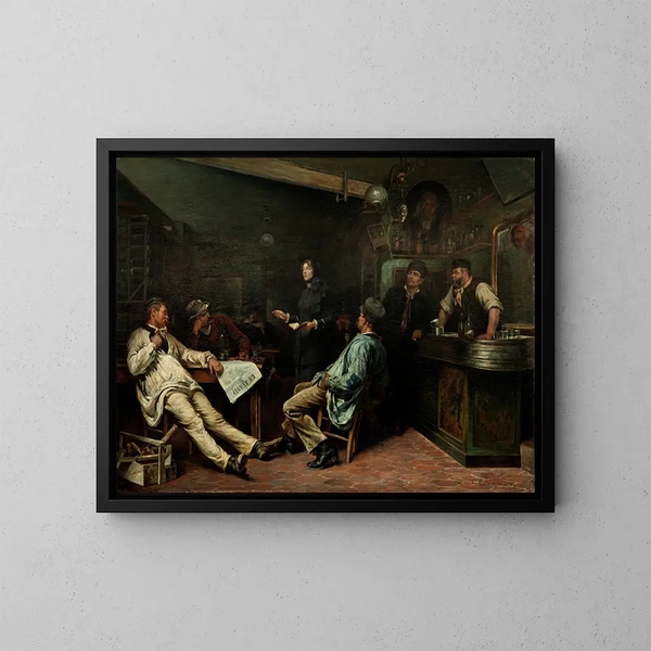 L'Armée du Salut, Mademoiselle Booth visiting a tavern in Paris - Gustaf Cederström — framed artwork on a wall