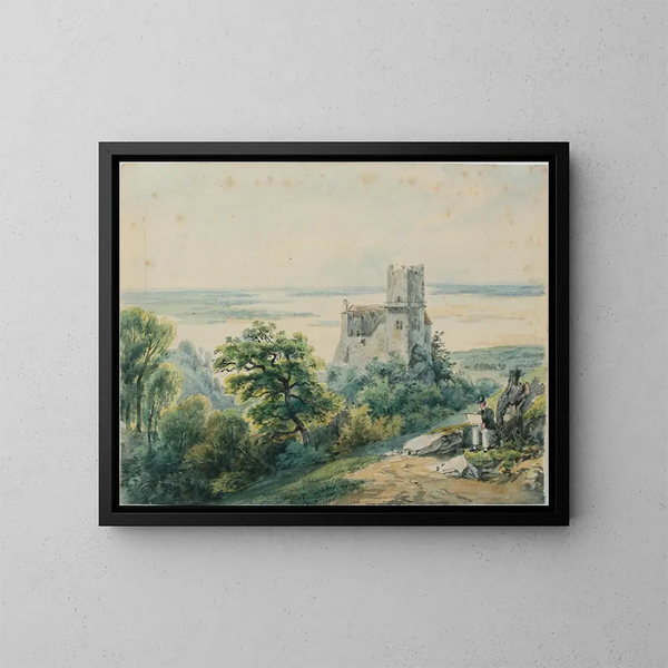 Landscape by the sea with a view of a ruin - Gustav Barbarini — framed artwork on a wall