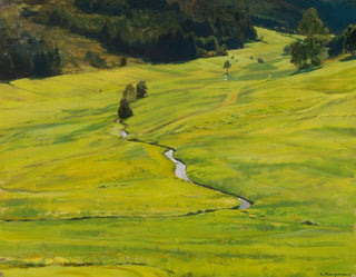 Vallée forestière ensoleillée avec ruisseau - Gustav Kampmann — weergave van het kunstwerk