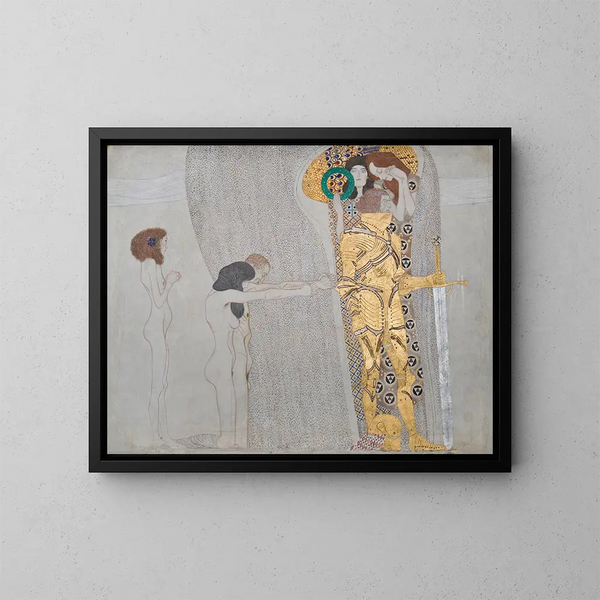 Muurschildering van Beethoven: De lijden van de zwakke mensheid en De goed bewaarde sterke, paneel 3 zijmuur links - Gustav Klimt — ingelijst kunstwerk aan de muur