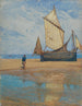 Zeilboot bij eb op het strand - Gustav Schönleber — weergave van het kunstwerk