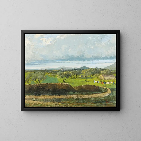 Landschap met muur en boomgaard - Gustave Courbet — ingelijst kunstwerk aan de muur