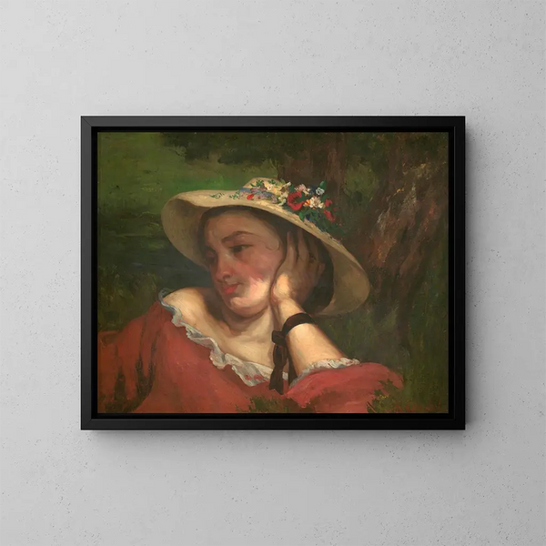 Vrouw met bloemen op haar hoed - Gustave Courbet — ingelijst kunstwerk aan de muur