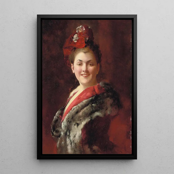 a lady in a fur-trimmed cape - Gustave Jean Jacquet — framed artwork on a wall