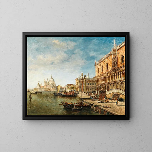 Een uitzicht op Venetië met het Dogepaleis en de Punta della Dogana op de achtergrond - Gustave Walckiers — ingelijst kunstwerk aan de muur