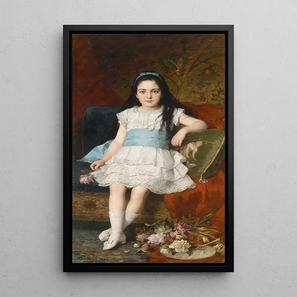 Portrait d'une fille en robe blanche avec une ceinture bleue - György Vastagh — ingelijst kunstwerk aan de muur
