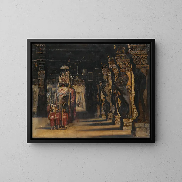 Indian procession painting with elephant - Gyula Tornai — framed artwork on a wall