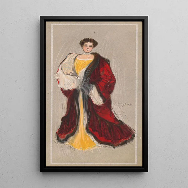 Vrouw in gele jurk en rode jas - Hamilton King — ingelijst kunstwerk aan de muur