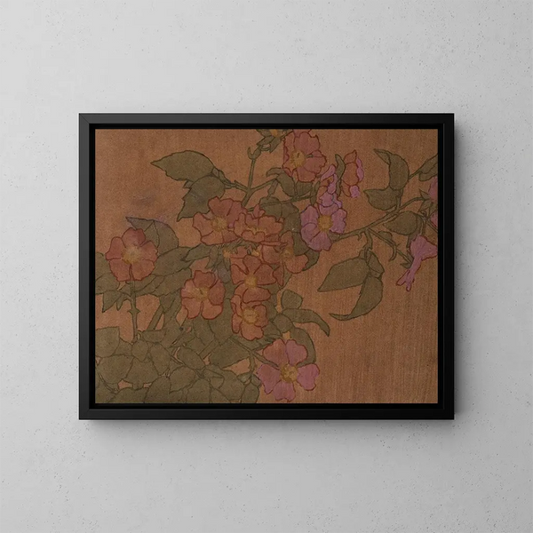 Roses roses sur fond terracotta - Hannah Borger Overbeck — framed artwork on a wall