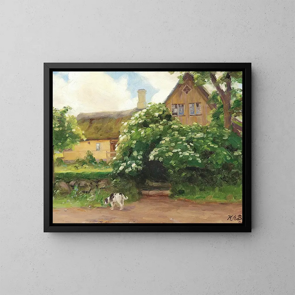 Flowering Elderberry and Dog at the Farm Entrance in the Village - Hans Andersen Brendekilde — framed artwork on a wall