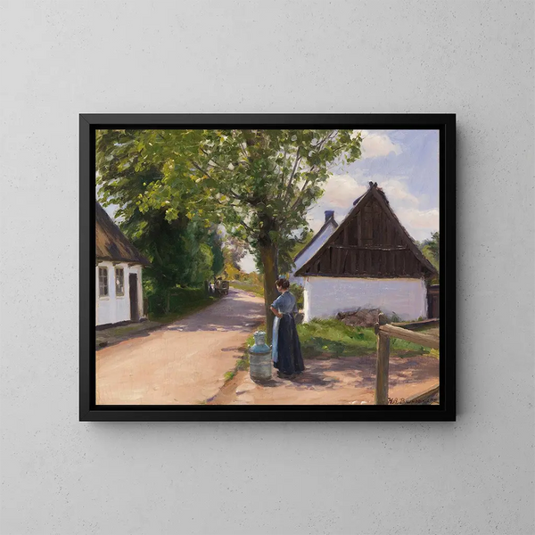 Danois village street with peasant woman and milkman - Hans Andersen Brendekilde — framed artwork on a wall