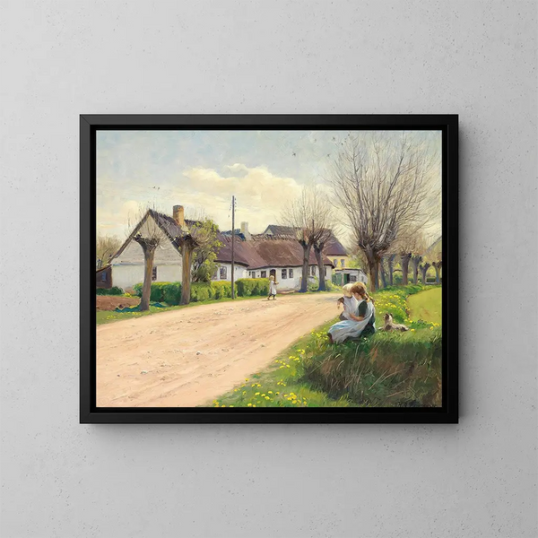 Girl in the Village with Girls by the Roadside - Hans Andersen Brendekilde — framed artwork on a wall