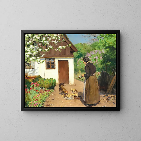 "Les oies sont nourries devant la maison de paysan blanchie à la chaux un jour d'été" by Hans Andersen Brendekilde — framed artwork on a wall