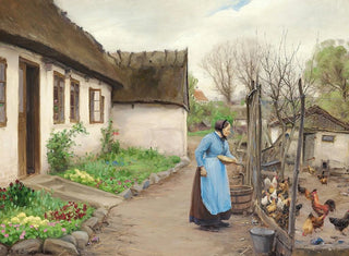van een koeien die een man voeden voor een witgekalkte boerderij op een herfstdag - Hans Andersen Brendekilde — weergave van het kunstwerk