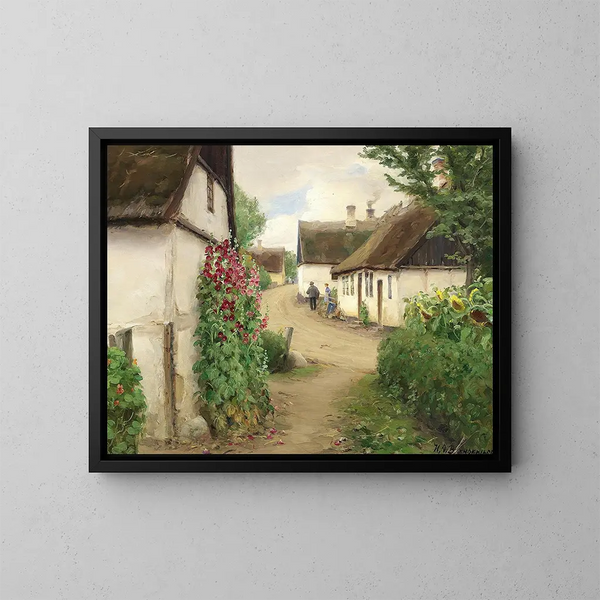 Summer Day in a Village Street with Sunflowers and Red Hollyhocks - Hans Andersen Brendekilde — framed artwork on a wall