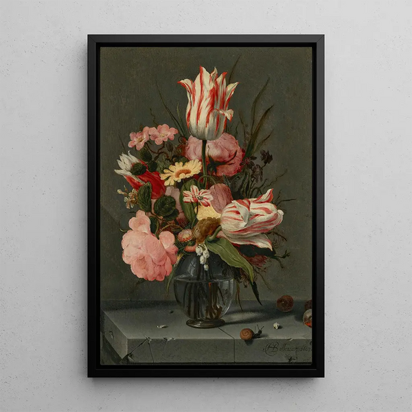 Fleurs dans un vase en verre sur un rebord - Hans Bollongier — ingelijst kunstwerk aan de muur