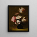 Natuurgetrouwe Kunstdruk van een stilleven met tulpen, pioenen, anemonen, hyacinten en andere bloemen in een glazen vaas op een stenen rand - Hans Bollongier — ingelijst kunstwerk aan de muur