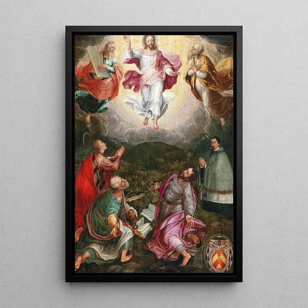 De Transfiguratie van Christus op de berg Tabor met de profeten Elia en Mozes, de heiligen Johannes, Petrus en Jacobus, en de schenker Jacob Rassler - Hans Caspar Memberger — ingelijst kunstwerk aan de muur