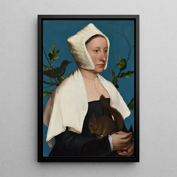 Een dame met een eekhoorn en een merel - Hans Holbein de Jonge — ingelijst kunstwerk aan de muur