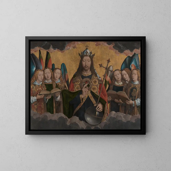God the Father with singing angels - Hans Memling — framed artwork on a wall