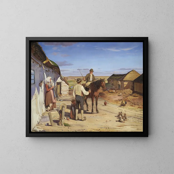 An outsider asking for directions at a farm on the moors - Hans Smidth — framed artwork on a wall