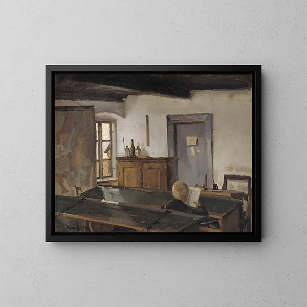 in a classroom with a boy reading - Hans Smidth — framed artwork on a wall