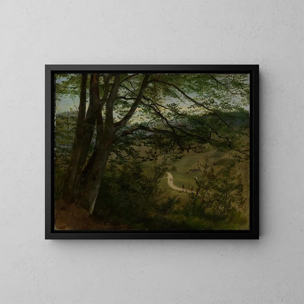 View through trees and bushes over the valley - Hans Thoma — framed artwork on a wall