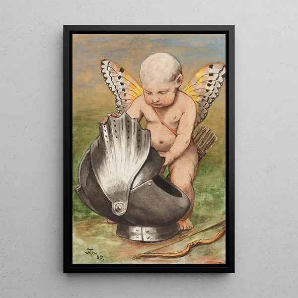 Cherub with helmet - Hans Thoma — framed artwork on a wall