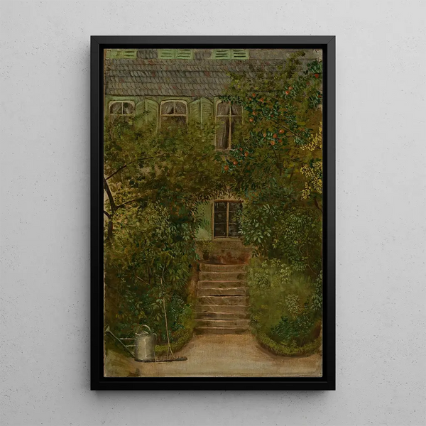 Tuin van een landhuis met gieter en hark - Hans Thoma — ingelijst kunstwerk aan de muur