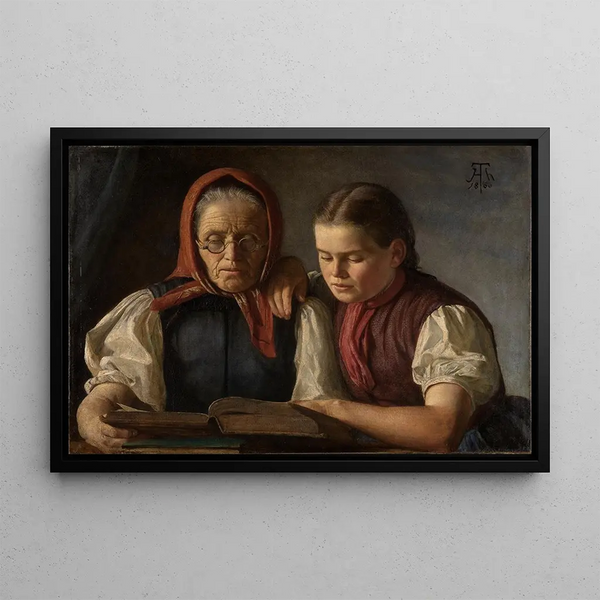 Moeder en zus van de kunstenaar die de Bijbel leest - Hans Thoma — ingelijst kunstwerk aan de muur