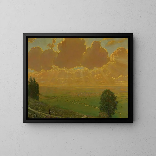 Zonnestraal op Sckingen, Zwarte Woud, gesigneerd met de initialen van de kunstenaar en gedateerd 1910 - Hans Thoma — ingelijst kunstwerk aan de muur