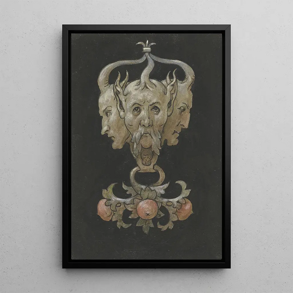 Three Satyr Masks - Hans Thoma — framed artwork on a wall