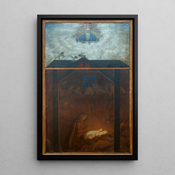 Christmas Triptych Painting Adoration of the Child - Hans Thoma — framed artwork on a wall