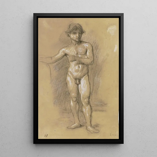 Nude painting of a young man standing - Hans von Marées — framed artwork on a wall