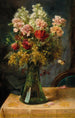 Een boeket bloemen met tulpen en anjers in een glazen vaas met vlinder - Hans Zatzka — weergave van het kunstwerk