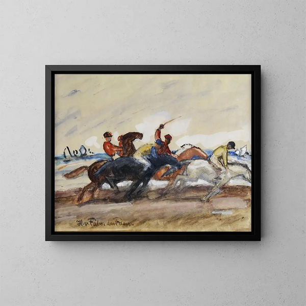 Jockeys lors d'une course sur la plage - Hans von Faber du Faur — framed artwork on a wall