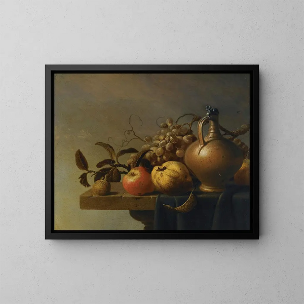 Nature morte avec une cruche et des fruits sur un rebord de pierre partiellement drapé - Harmen Steenwijck — framed artwork on a wall