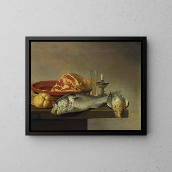 Nature morte with a ham, a fish, a candle, and other objects arranged on the edge of a table - Harmen Steenwijck — framed artwork on a wall