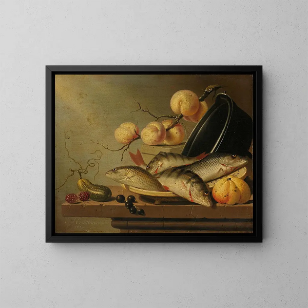 Still life with fish and fruits - Harmen Steenwijck — framed artwork on a wall