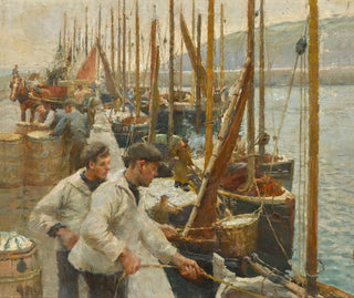 Vissersboten in Newlyn - Harold Harvey — weergave van het kunstwerk
