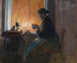 À la lumière de la lampe - Harriet Backer — weergave van het kunstwerk