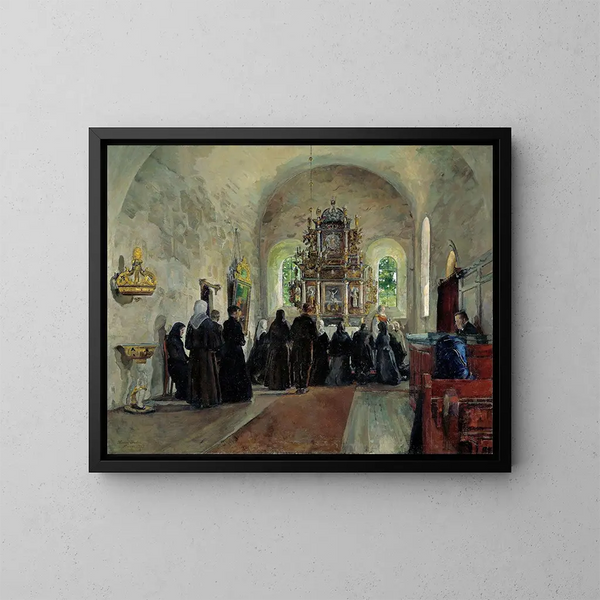 La Sainte Communion célébrée dans l'église de Stange - Harriet Backer — framed artwork on a wall
