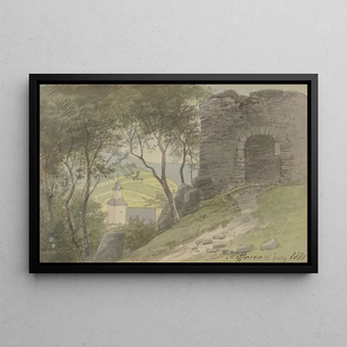 Heinrich Adolf Valentin Hoffmann - Falkenstein Ansicht der Ruine mit der Kirche im Tal.webp