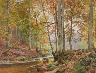van herfsthout met een brug over een beek - Heinrich Böhmer — weergave van het kunstwerk