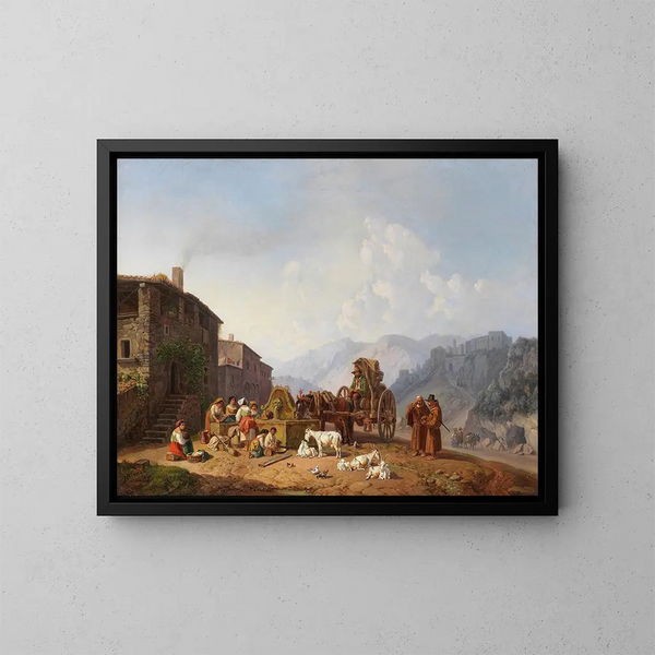 Auprès de la fontaine dans les montagnes italiennes - Heinrich Bürkel — framed artwork on a wall