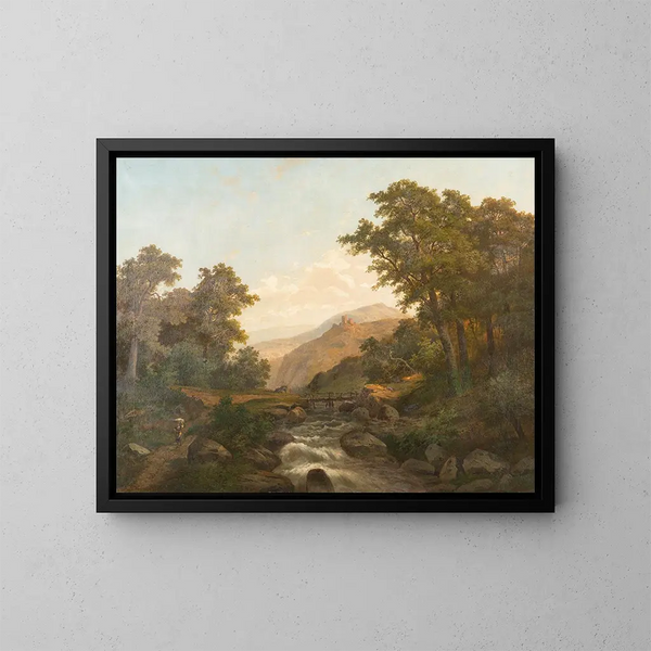 Landschap romantisch met kasteel en wilde beek - Heinrich Eduard Heyn — ingelijst kunstwerk aan de muur
