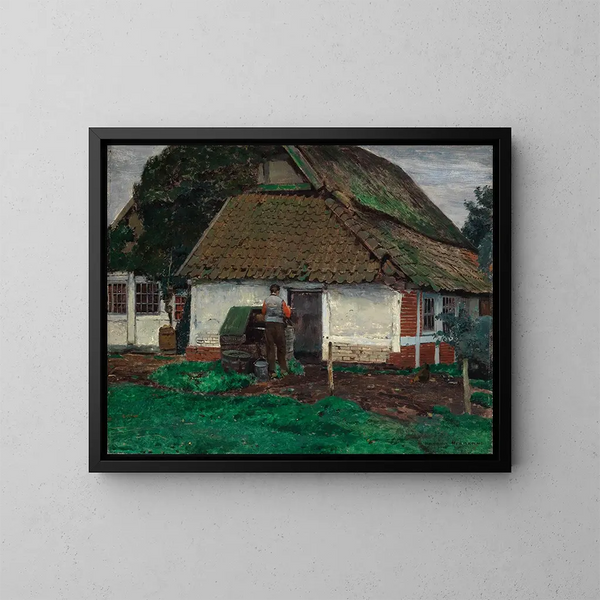 Old Cabin Painting - Heinrich Hermanns — framed artwork on a wall