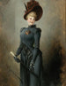 portret van een dame in een zwarte jurk met een bordeaux hoed en een paraplu - Heinrich Lossow — weergave van het kunstwerk